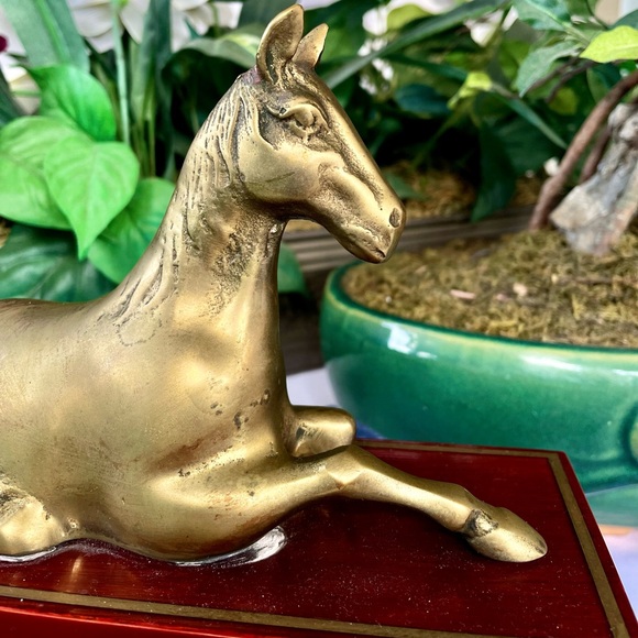 Brass Horse Statue Mounted to Wood Base - Picture 3 of 10